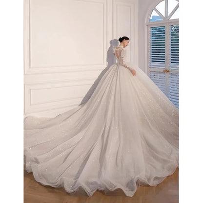 vmtvr  -  Bride dresses French Wedding Dress Princess Big Tail Lace Luxury Puff sleeve Shining sequin LAS407