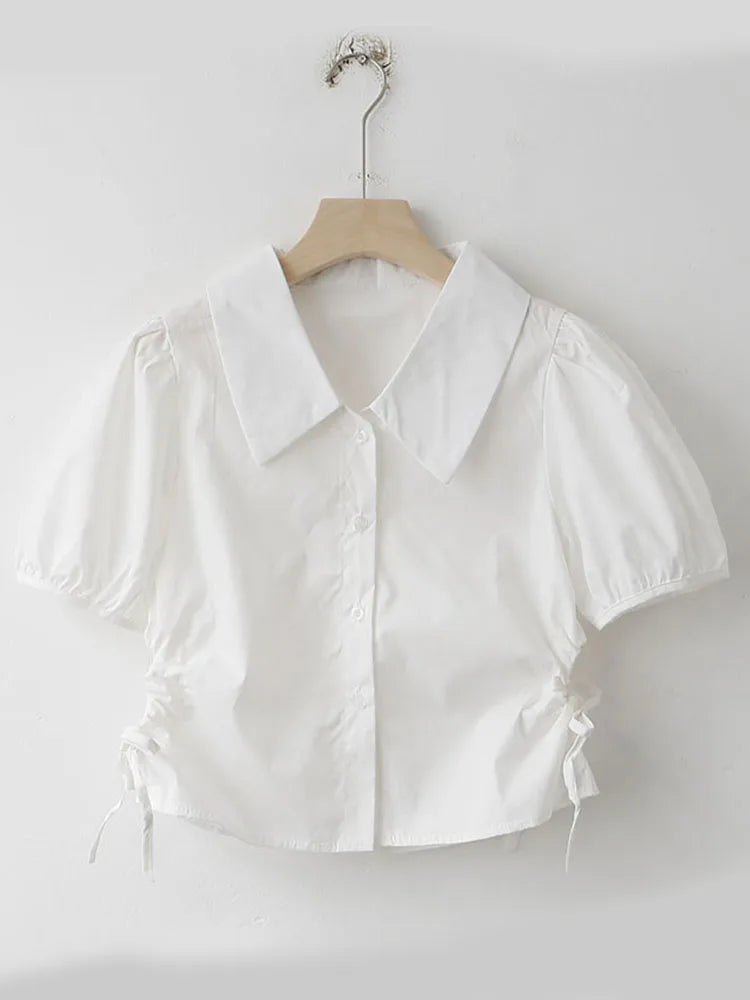 vmtvr Button Up Women Shirts Puff Sleeve Summer White Ladies Crop Tops White Fashion Lace Up Turn Down Collar Female Tops New