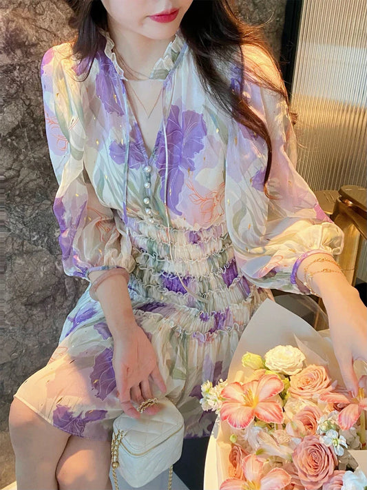 vmtvr Floral Mini Dress Women Short Sleeve Elegant Korean Dress Party Office Lady Summer Vintage Boho Beach Sundress Female Chic