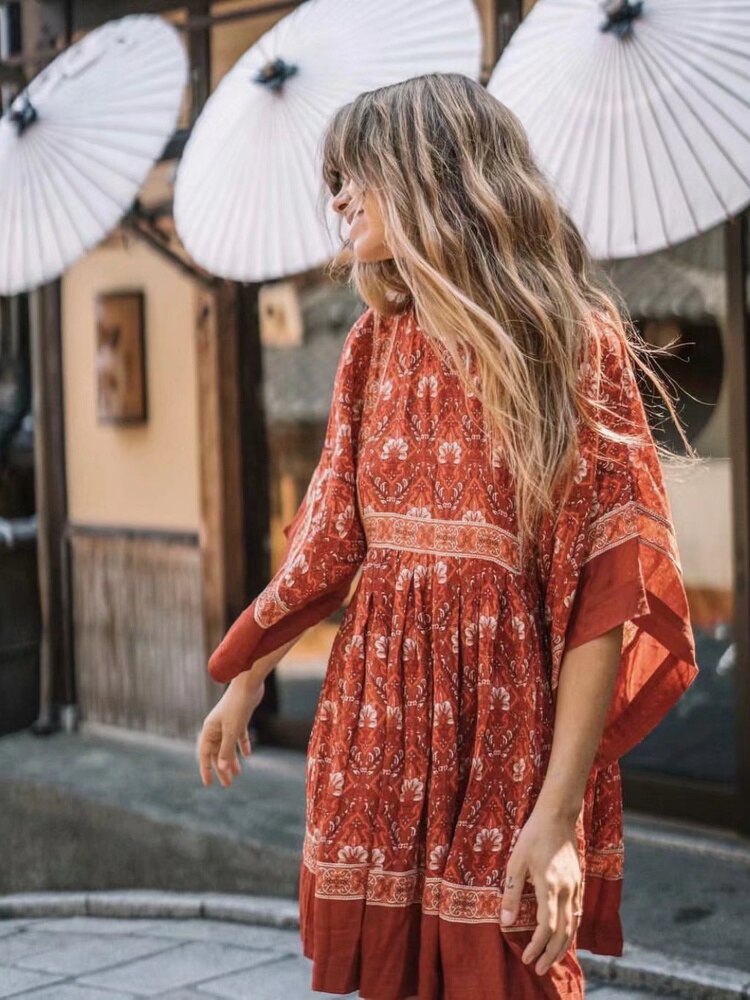 vmtvr Vintage Chic Fashion Women Red Floral Print O-neck Loose Bohemian Mini Dresses Ladies Batwing Sleeve Cotton Beach Boho Dress