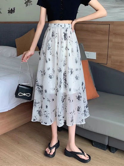 vmtvr Vintage Print Floral Women Skirts Elastic High Waist Elegant A Line Ladies Midi Skirts Summer Korean Casual White Skirt