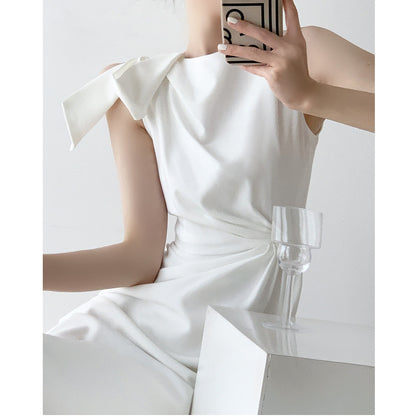 Summer Sleeveless White Female Dress White Korean Chic French Casual Bow Woman Pencil Midi Vest Dress Women Vestido De Mujer New