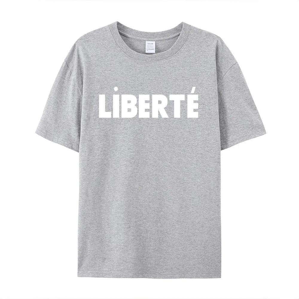 -Retro sports style outfit streetwear 90s fashion Liberte French Letters Printing Female Elegant Short Sleeve T Shirts Summer Loose Cotton Casual Tops Ins Fashion Gray Tees