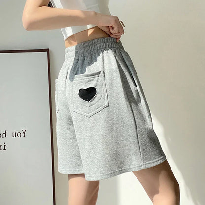 vmtvr Women Summer Black Sports Shorts Fashion Love Pocket High Waist Straight Shorts Korean All Match Female Casual Loose Short