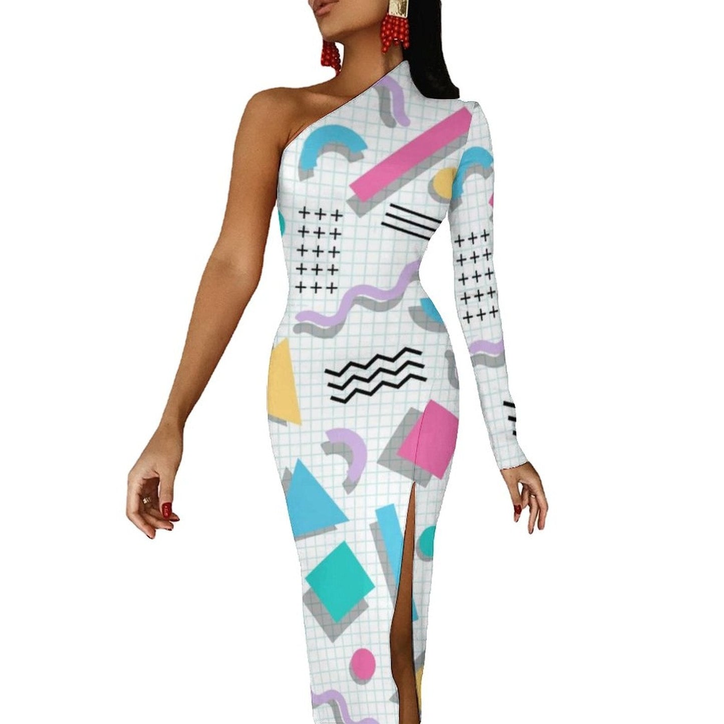 Memphis Retro Maxi Dress Long Sleeve Geometric Colorful Cute Bodycon Dress High Slit Streetwear Long Dresses Print Vestido