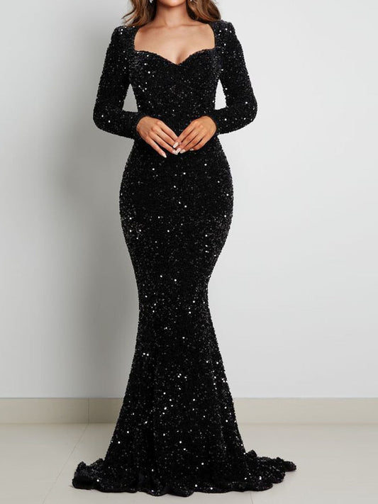 Luxury Black Long Sleeve Evening Gown Sequin Stretchy Velvet V Neck Mermaid Prom Floor Length Dress Burgundy Winter