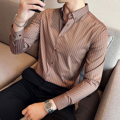 jiaabc British Style Striped Shirts Mens Long Sleeve Silky Slim Casual Shirts Luxury Men Business Social Party Dress Shirt Streetwear