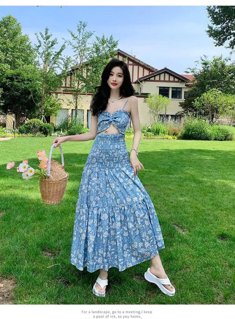 vmtvr Women Elegant Blue Floral Print Sleeveless Backless Long Slip Dress Sexy Summer Sweet Birthday Party Club Pleated Dress Y2k