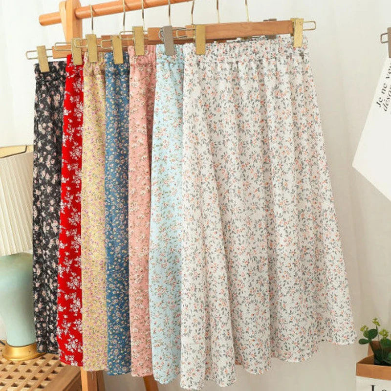 vmtvr Women Chiffon Midi Skirt Korean Fashion Floral Loose Skirts High Waist Female Casual All Match A Line Skirts Summer New