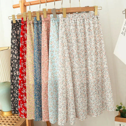 vmtvr Women Chiffon Midi Skirt Korean Fashion Floral Loose Skirts High Waist Female Casual All Match A Line Skirts Summer New