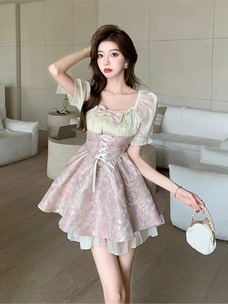 vmtvr 2024 Y2K Summer Japanese Lolita Women's Princess Dress Bandage Cosplay Costumes Bowknot Ribbon Square Collar Mini Dress Fashion