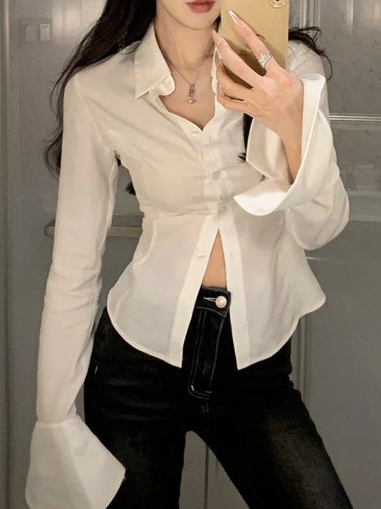 -Fall Outfits Long Sleeve Top -Sexy White Shirt Women Vintage Flare Sleeve Top Female Elegant Chic Slim Bandage Blouse Ladies Hotsweet Fashion Chiffon Shirts