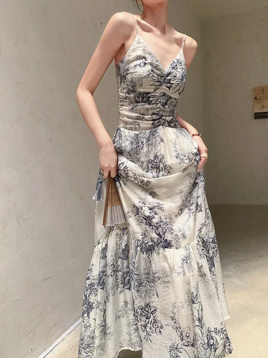 vmtvr Elegant Floral Long Dresses for Women Summer New Spaghetti Strap Party Dress Vintage Casual A-Line Female Prom Robe Vestidos