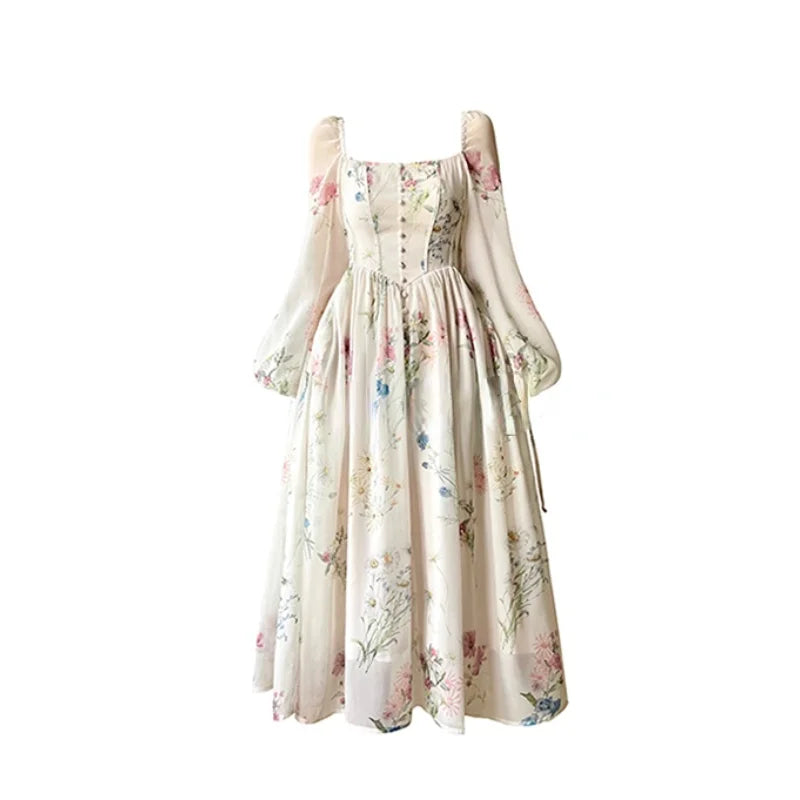 vmtvr Summer French Floral Midi Dress Elegant Chiffon Long Sleeve Party Dress Woman Beach Evening Fairy One Piece Dress Korean