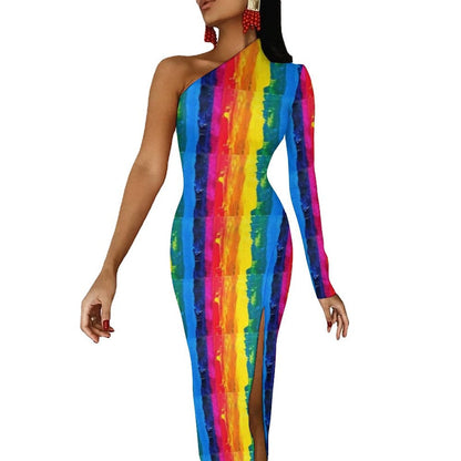 Rainbow Colors Maxi Dress Long Sleeve Colorful Aesthetic Cute Bodycon Dress High Slit Party Long Dresses Women Pattern Vestidos