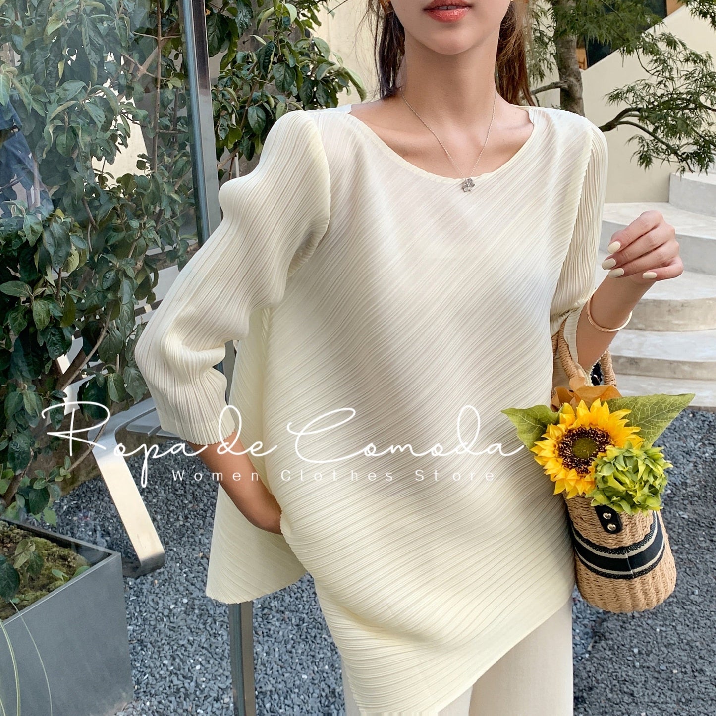 Pleated Women Casual Top Pleated Blouse O Neck Designer Top  Autumn Loose Plus Size Three Quarter Sleeve Top Fashion