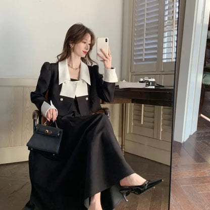 vmtvr Autumn Elegant 2 Piece Dress Set Women Slim Vintage Party Office Lady Korean Suit Long Sleeve Crop Tops + Casual Midi Skirt