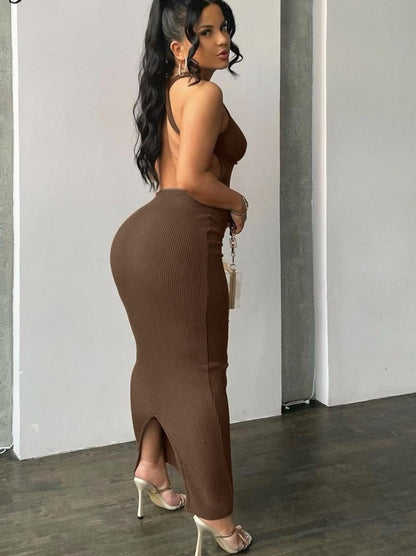 vmtvr Ribbed Solid Hollow Out Backless Sleeveless Sexy Slit Mini Dress Bodycon 2023 Summer Women Outfits Elegant Party Y2K