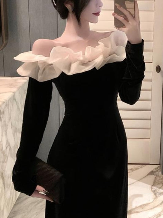 vmtvr - Korean Fashion Velvet Midi Dress Woman Long Sleeve Sexy Dress Elegant Pure Color French Vintage Dress Off Shoudler Design