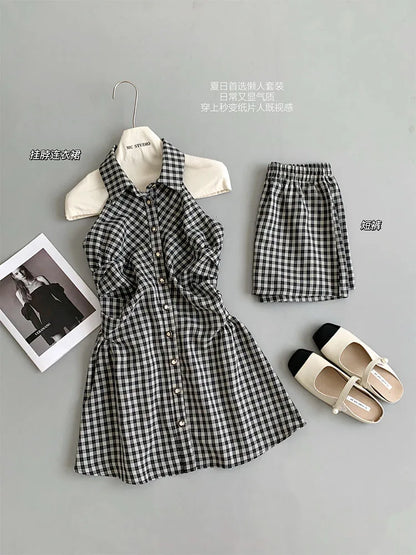 vmtvr  -  Korean Tide Fashion Polo Plaid Single Breasted Halter Dress Women New Design 2 Piece Slim One-Piece Frocks + Anti Glare Shorts