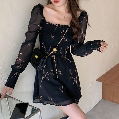 vmtvr - Autumn Womens Sexy Black Dress Vintage Flower Long Puff Sleeve Chiffon Dresses Korean Casual Mini Vestidos Mujer Clothes 13676