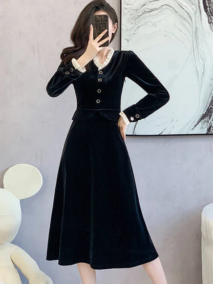 vmtvr  -  Black Velvet Chic Lace V-Neck Evening Dress for Women Autumn Winter Korean Vintage Hepburn Dress Fashion Elegant Prom Dress