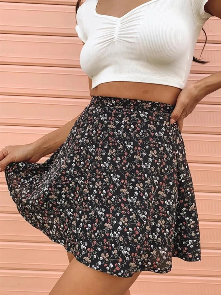 vmtvr Boho Floral Print Party Skirt Summer New High Waist Pleated Skirt Short Beach Sexy Frills Mini Skirts For Women 2024