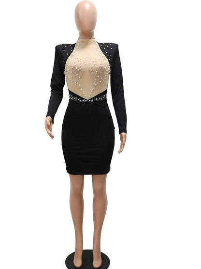 vmtvr - Cocktail Dresses For Women Evening Party Kricesseen Sexy Crystal Beading Mesh Patchwork Mini Dress Womens Long Sleeve Backless Bodycon Dresses Party Clubwear Outfits