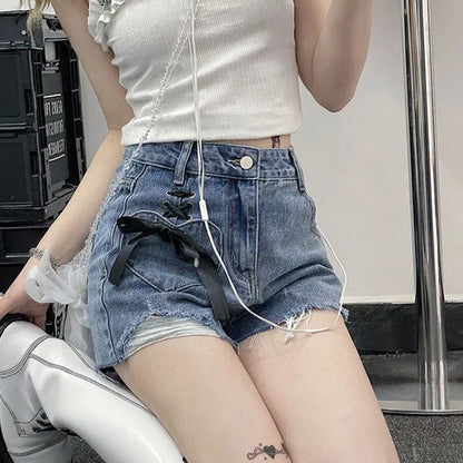 vmtvr High Waist Women Denim Shorts Summer Fashion Bow Loose Shorts Korean Casual Female Streetwear All Match Ripped Pants