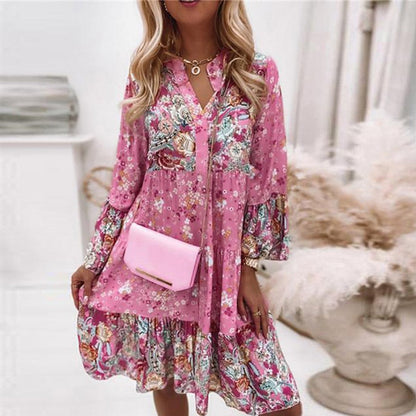 Women Elegant Long Sleeve Loose Beach Dress Casual New Fashion Floral Print Boho Party Dress Sexy V Neck Ruffle Mini Shirt Dress