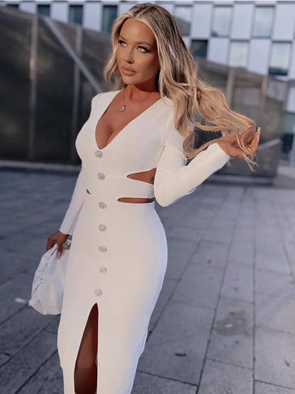 vmtvr - Women Winter Bandage Dress  Sexy V Neck Long Sleeve Cut Out White Diamonds Midi Elegant Evening Party Club Dress Vestidos