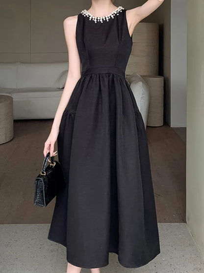 vmtvr New Summer Women Elegant Casual A-Line Solid Chic Party Dress Sleeveless Vintage Birthday Clothes Female Prom Sundress Mujers