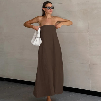 vmtvr Minimalist Cotton Linen Design Strapless Dress Summer Women's Personal Street Elastic Backless Pocket Vacation Beach Dress