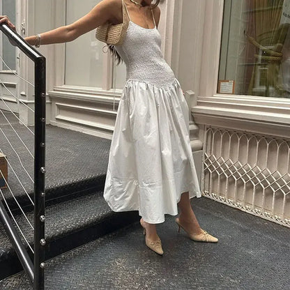 vmtvr Elegant Sleeveless High Waist Beach Dress 2024 Fashion Off Shoulder Pleated Holiday Dress White Summer Strap Long Dress