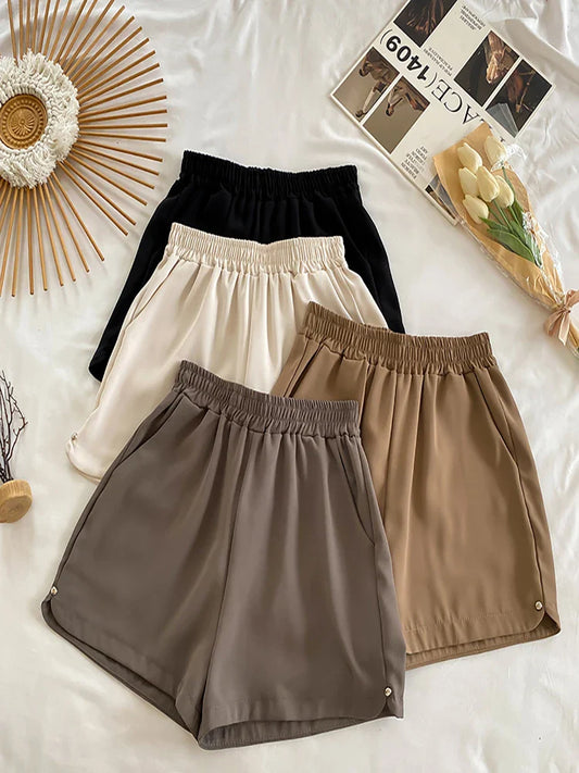 vmtvr Korean Style Women Shorts Fashion Elastic High Waist Summer All Match Wide Leg Shorts Casual Solid Color Black Thin Shorts