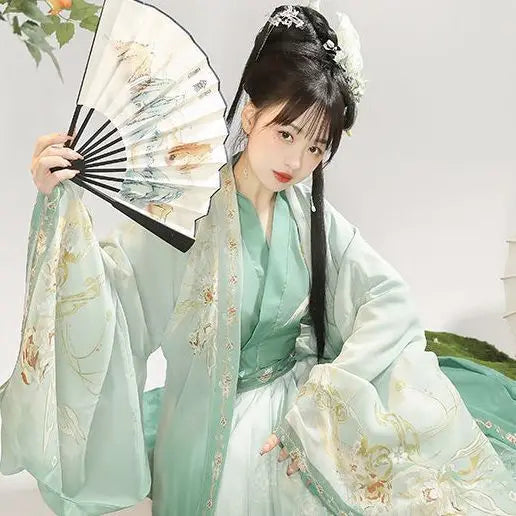 XL Chinese Hanfu Dress Women Carnival Cosplay Costume Ancient Traditional Hanfu Dress Green&Blue Print  Dance Dress Plus