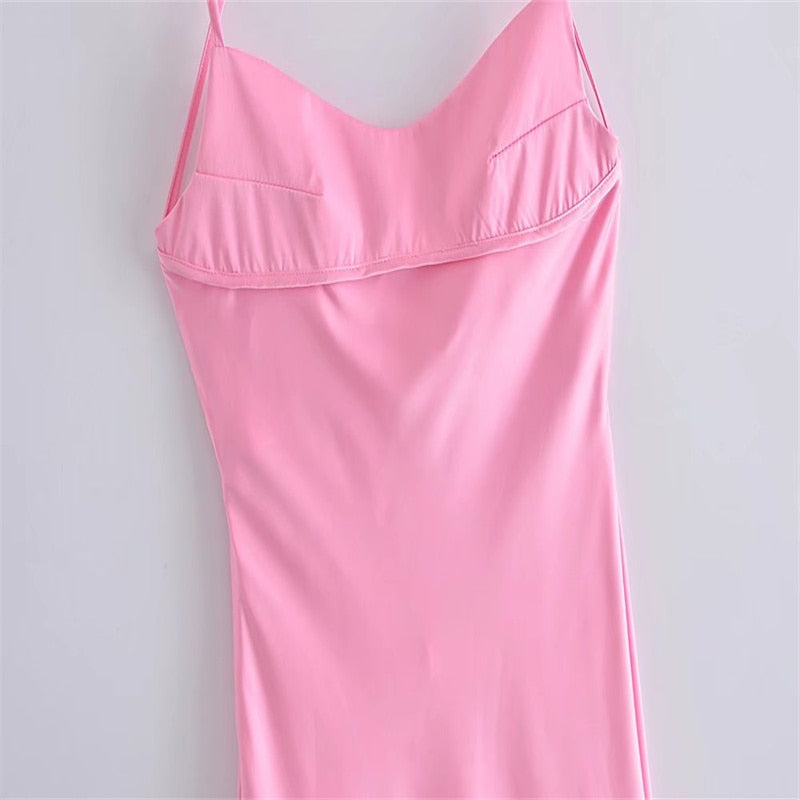 vmtvr -  New Women Hollow Design Silk Satin Texture Midi Suspender Dress Summer Sexy Revealing Back Slit Slim Pink Dress