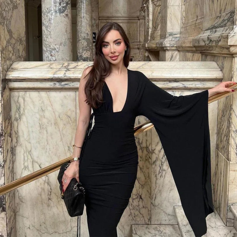 Fashion Draped Deep V Sexy Backless Maxi Dresses Party Club Women Elegant One Shoulder Gown Slip Dresses Ruched