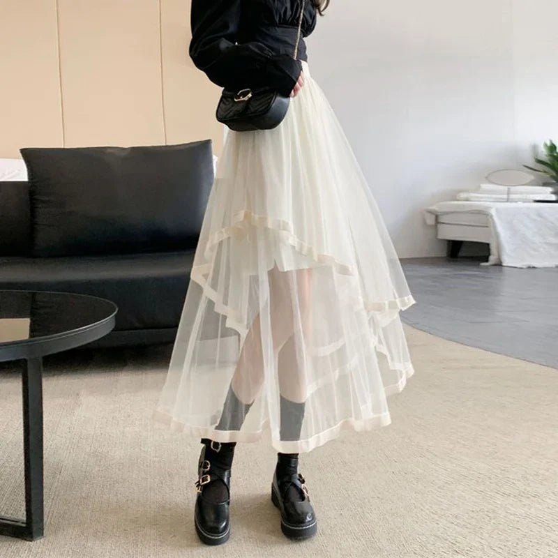 vmtvr Y2K Women Mesh Skirt Korean Irregular Patchwork A Line Midi Skirt Gothic Female Summer All Match Ball Gown Skirts New