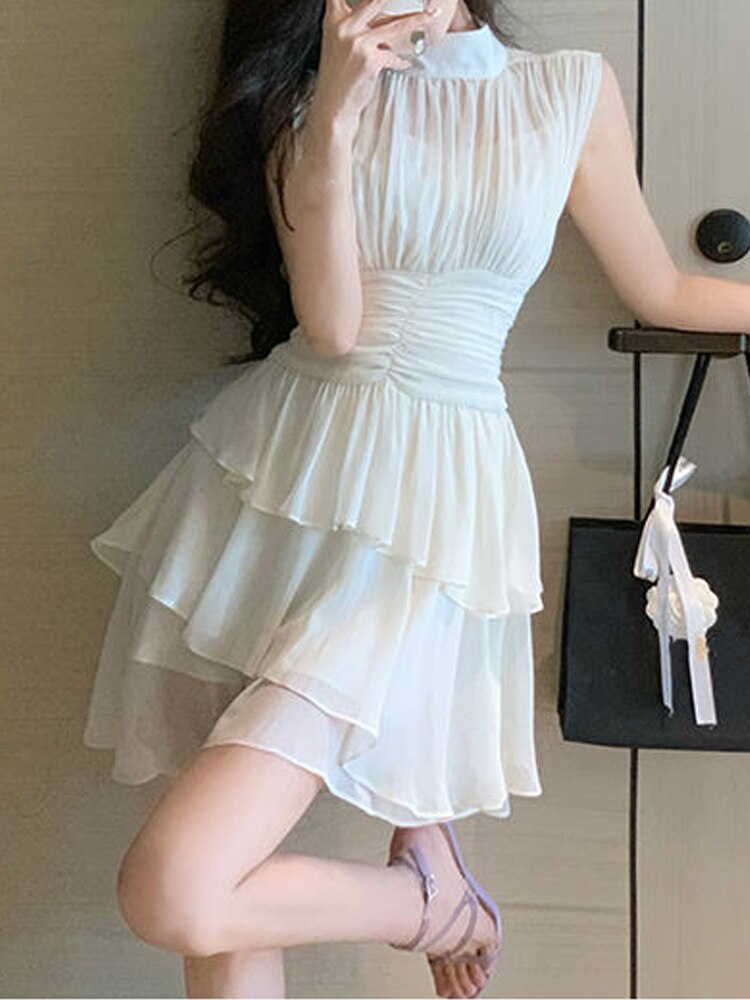 vmtvr Y2k Mini Dress Women Pure Color Casual Sleeveless Short Party Dress Korean Fashion Clothing Summer Beach Sundress Chiffon