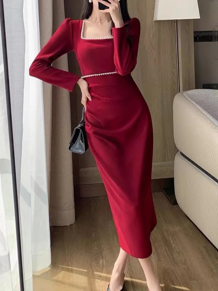 vmtvr Autumn Fashion Vintage Women Red Dress Sexy Bodycon Slim Party Wedding Dresses Chic Elegant Female Clothes Robe Vestidos