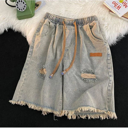 vmtvr Women Ripped Denim Shorts Summer Korean Fashion Tassels Loose Wide Leg Pants Casual Streetwear Female High Waist Shorts