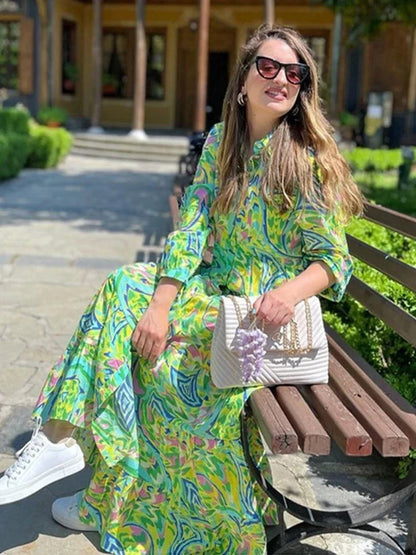 vmtvr  - Paisley Print Shirt Dress Elegant Autumn Spring Green Dress Floral Print Boho Female Maxi Dress Long Sleeve Vestido