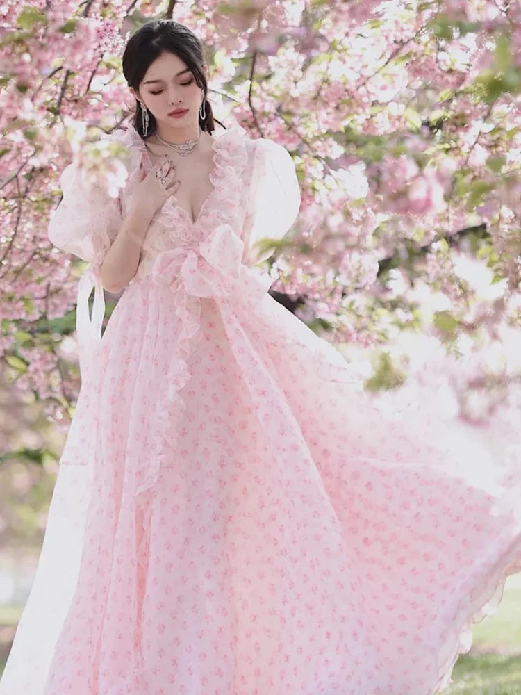 High Street Maxi Dress Gown Elegant Chic Pink Summer Women Dresses Ruffles Bow Tie Holiday Ladies Vestidos