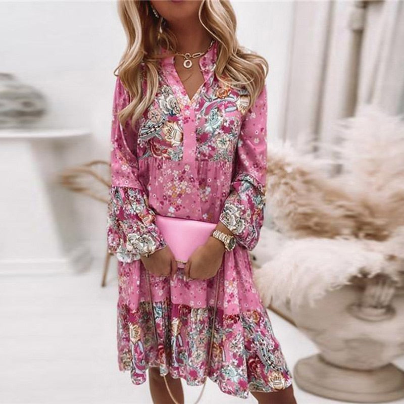 Women Elegant Long Sleeve Loose Beach Dress Casual New Fashion Floral Print Boho Party Dress Sexy V Neck Ruffle Mini Shirt Dress