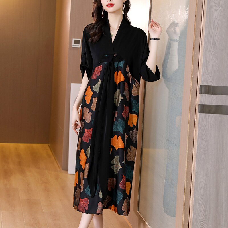 vmtvr - 2023 Summer Silk Printed Mulberry Silk Midi Dress Fall Retro Casual 5XL Plus Size Long Sleeve Dress Elegant Women Vestidos