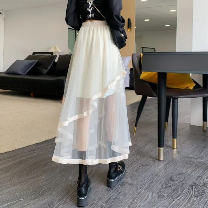 vmtvr Y2K Women Mesh Skirt Korean Irregular Patchwork A Line Midi Skirt Gothic Female Summer All Match Ball Gown Skirts New