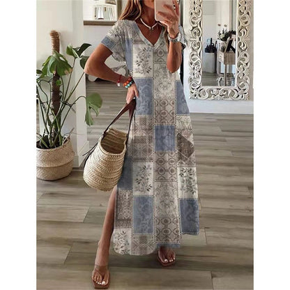 vmtvr Vintage Print Maxi Dress Women  Summer Elegant V Neck Short Sleeve Loose Split Casual Dress Female Party Boho Beach Vestidos