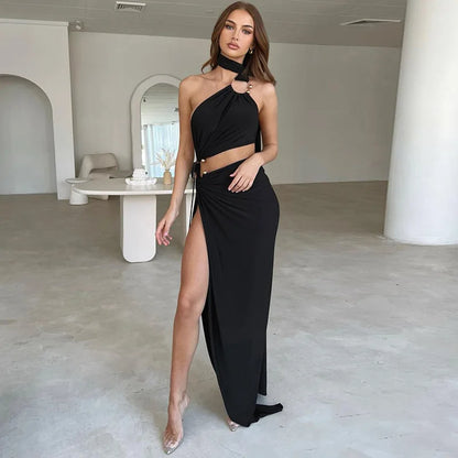 vmtvr Fashion Sexy Cut Out Backless Maxi Dress Club Party Elegant Outfits Sleeveless Halter Asymmetrical Slit Dresses