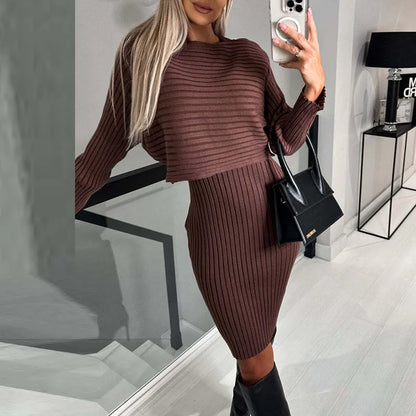 vmtvr Fall Winter Solid Rib Knitted Two-piece Women Set Dress New V-neck Slim Bodycon Dress With Top Pullover Long Sleeve Office Dress